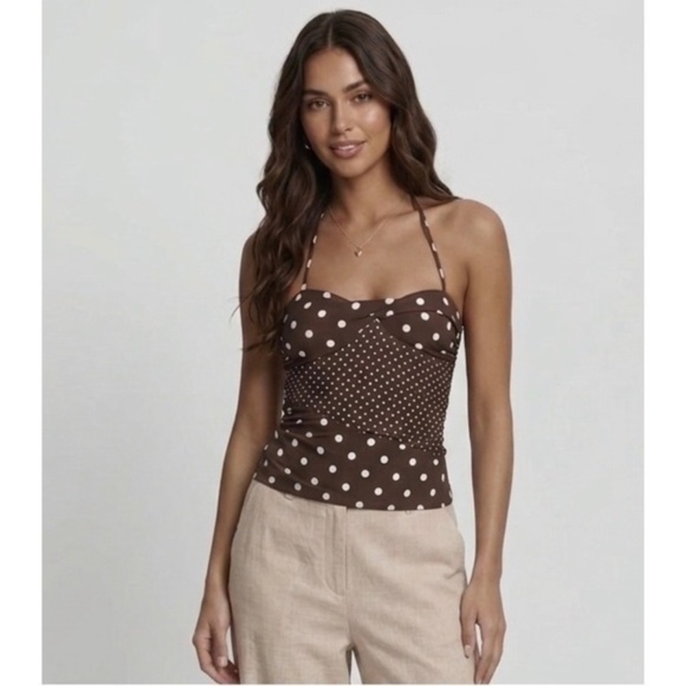 Princess Polly Brown Polka Dot Marguerite Halter Top Mixed Print Tiered 4